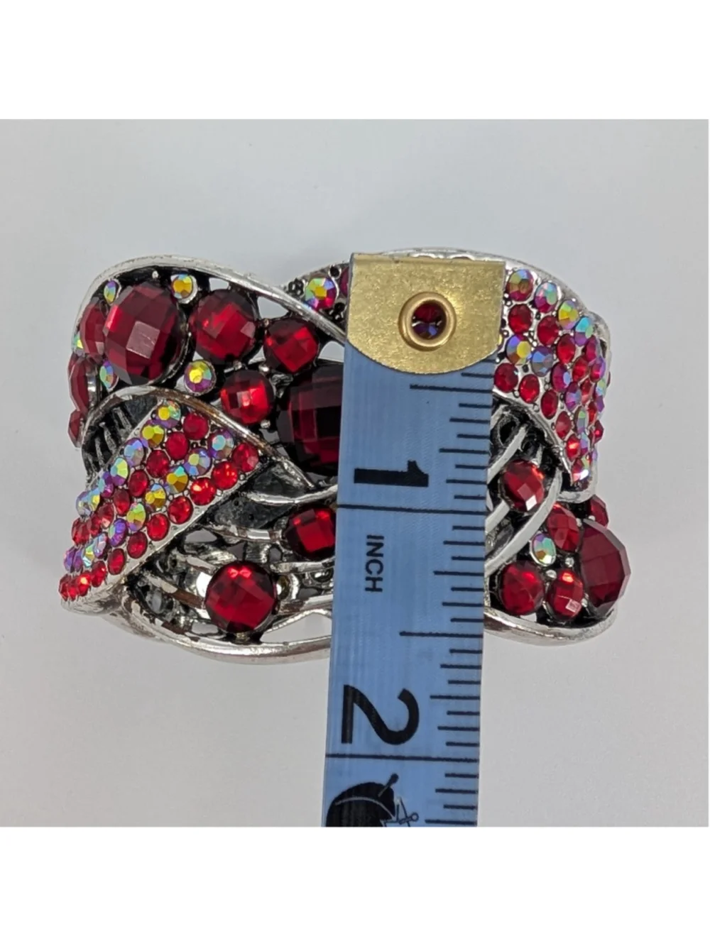 Red Rhinestone Wide Cuff Bracelet Silver Tone AB Crystal Y2K Glam Statement